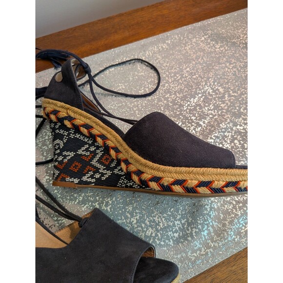 CAbi Isla Espadrille Women 9 Wedge Heel Aztec Blue Suede Beaded Lace Up Sandals - Picture 9 of 11